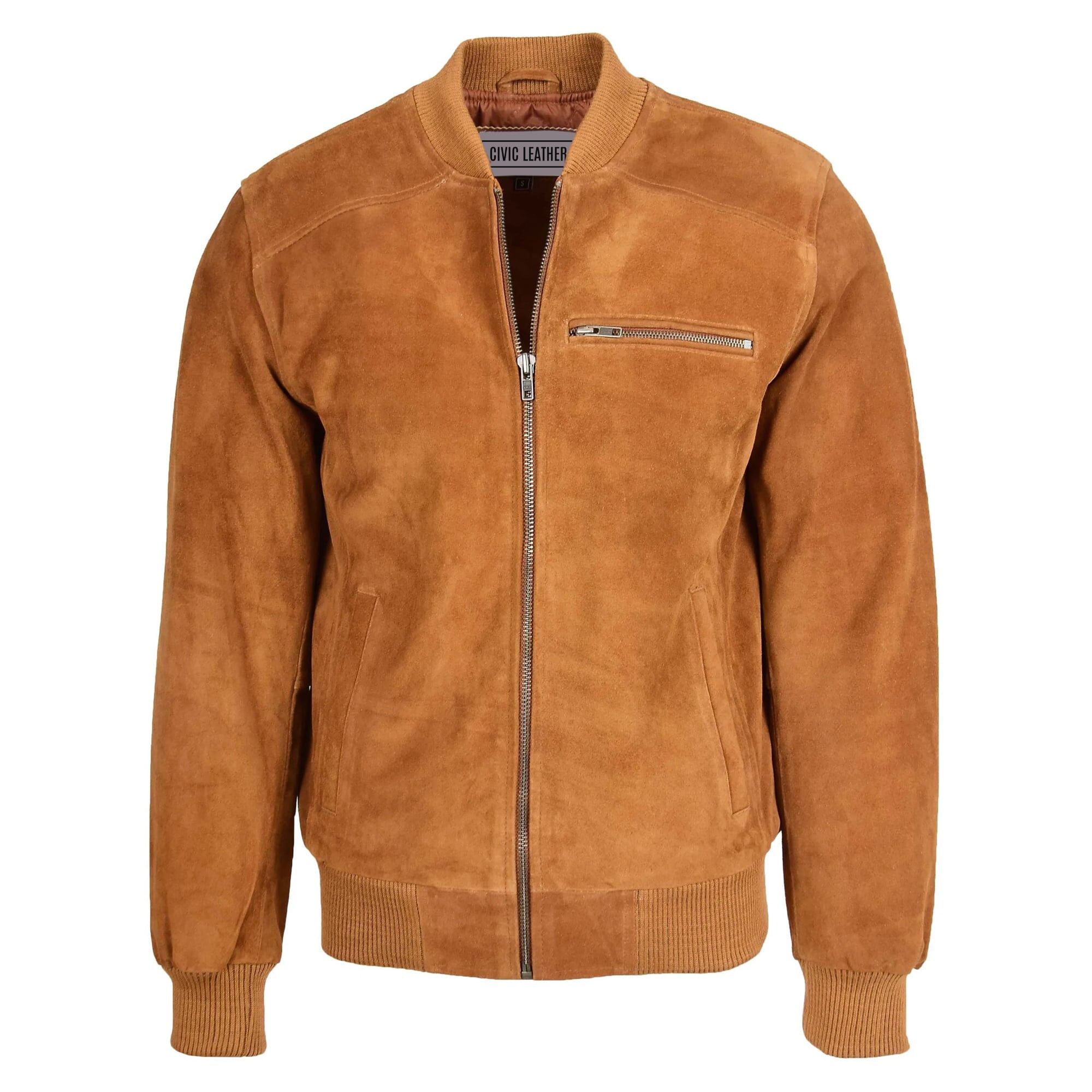 Mens Suede Bomber Varsity Jacket Reg Tan