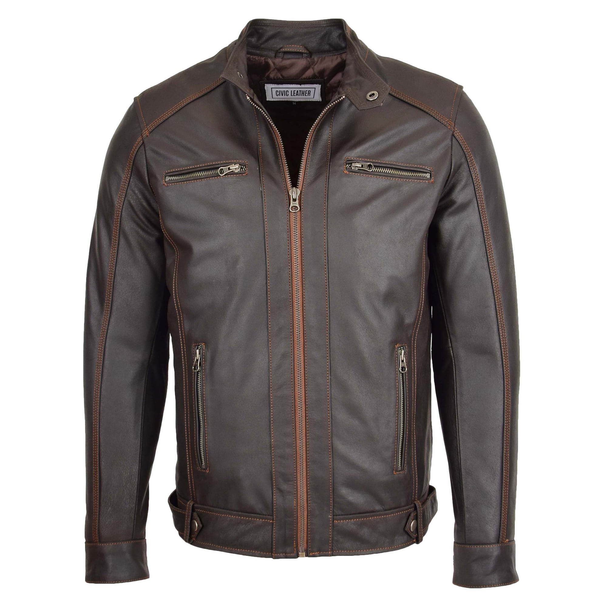 Mens Classic Leather Biker Style Zip Jacket Ethan Brown