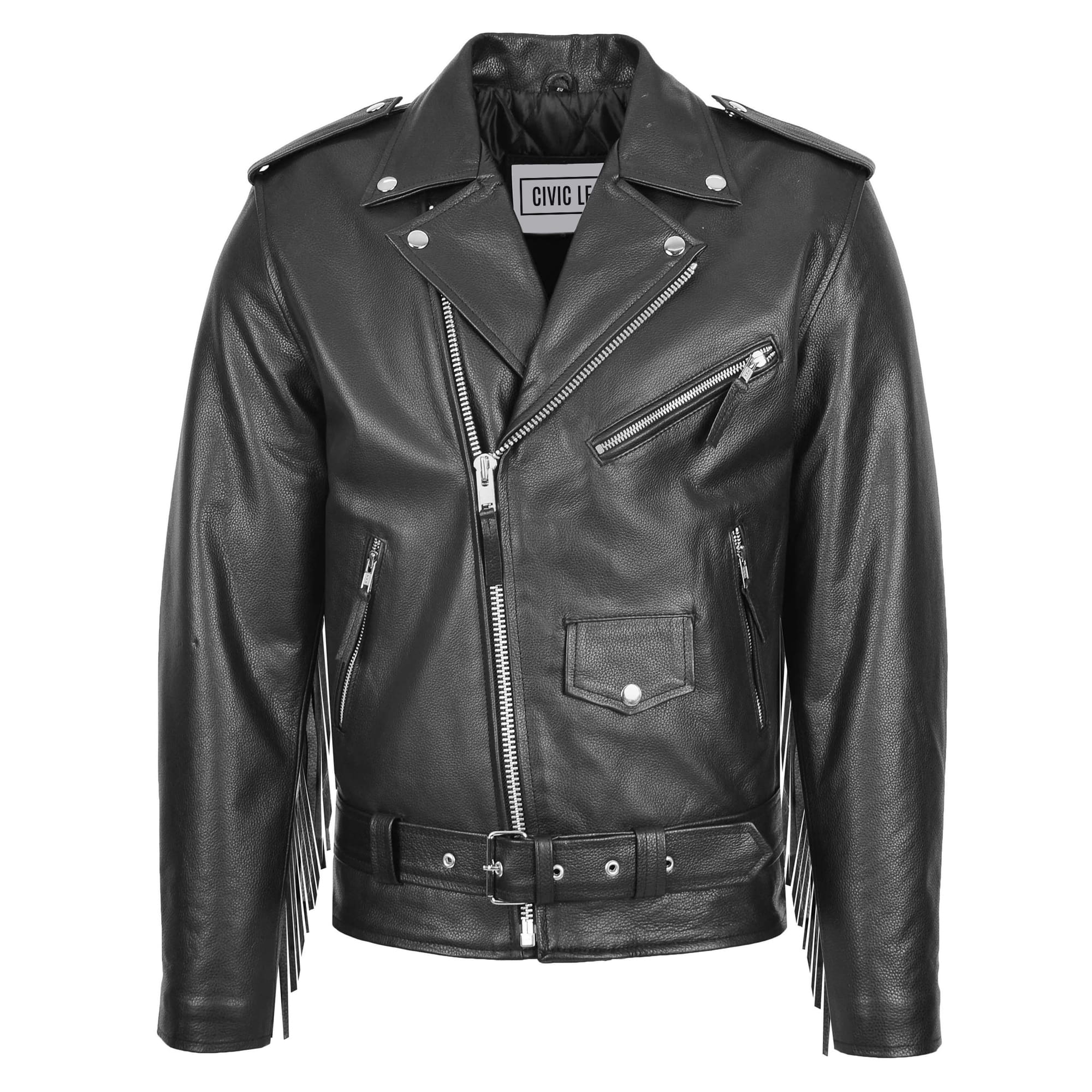 Mens Biker Brando Leather Jacket with Fringes Black