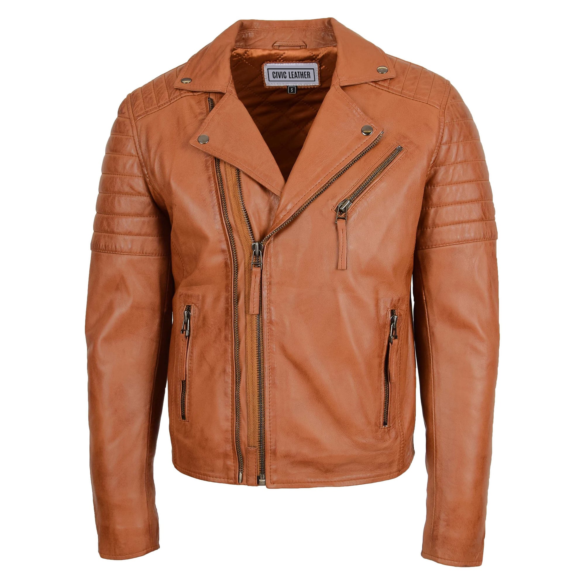 Tan Dual Cross Zip Leather Biker Jacket