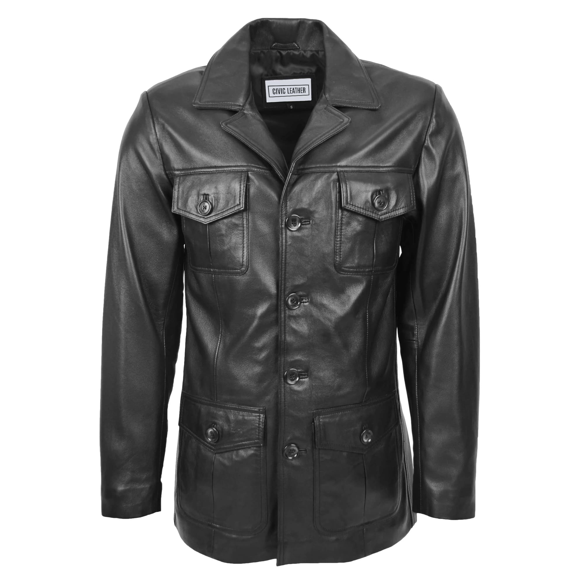 Mens Leather Reefer Jacket Button Fastening Jerry Black