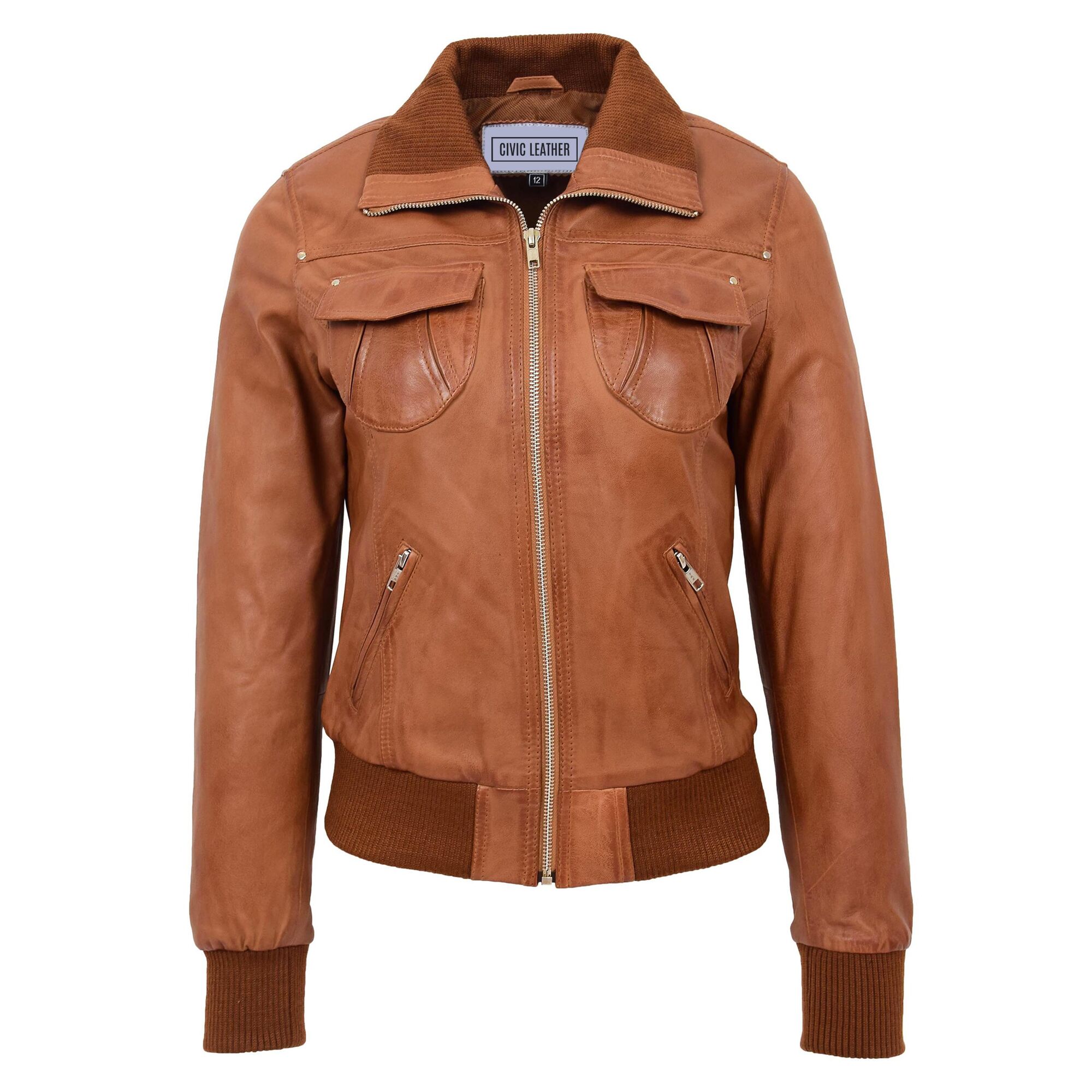 Womens Leather Classic Bomber Jacket Motto Tan