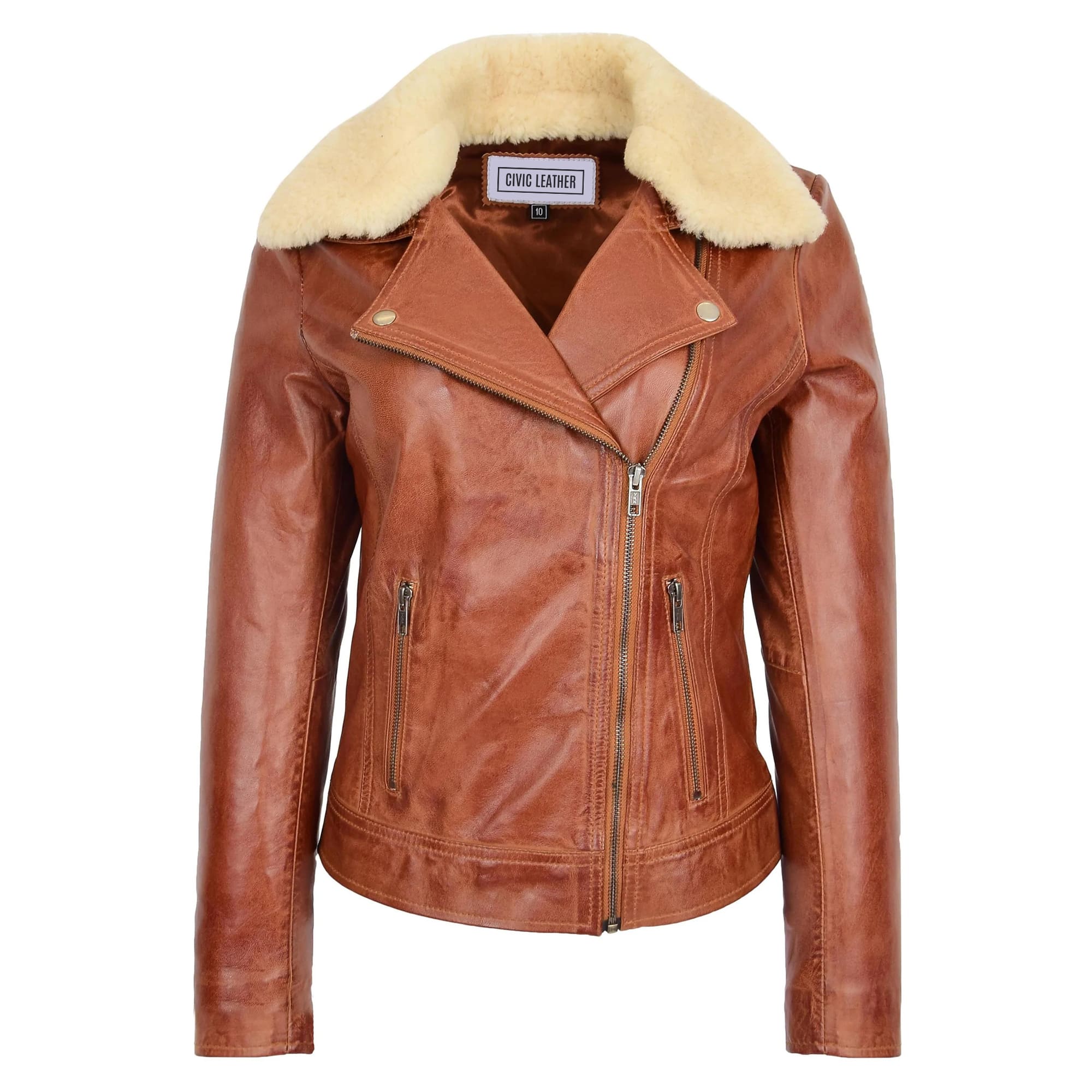 Womens Leather Biker Jacket with Detachable Collar Lauren Chestnut