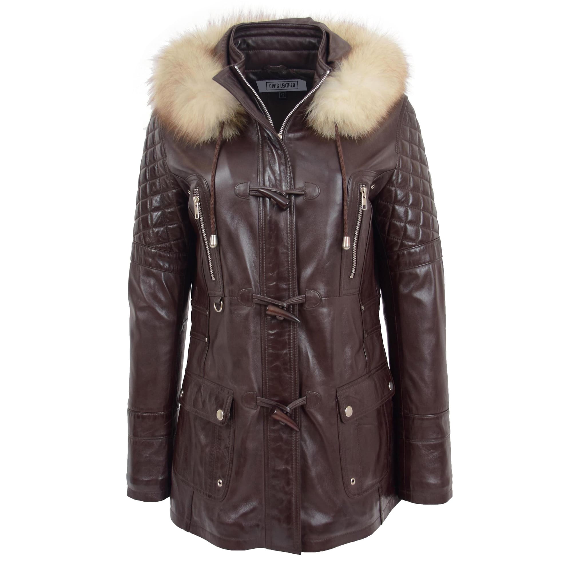 Womens Original Duffle Style Leather Coat Ariel Brown